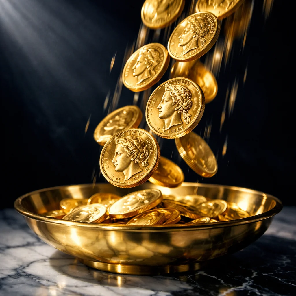 Gouden casinofiches cascade op wit marmer oppervlak